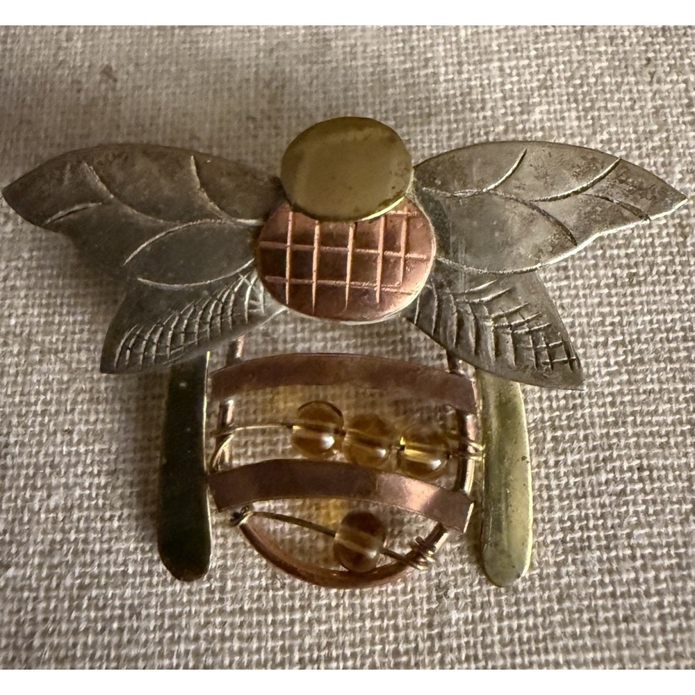 Vintage Mixed Metal Bee Brooch Glass Bead Body Artisan Pin 1.5"